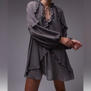 NWT Topshop Frilly Lined Trapeze Minidress Gray Color SZ 10 Boho Chic Pretty